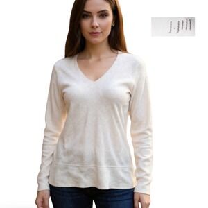 J Jill Wool Cashmere Ribbed V Neck Sweater Women Small Cream Classy Quiet Luxury